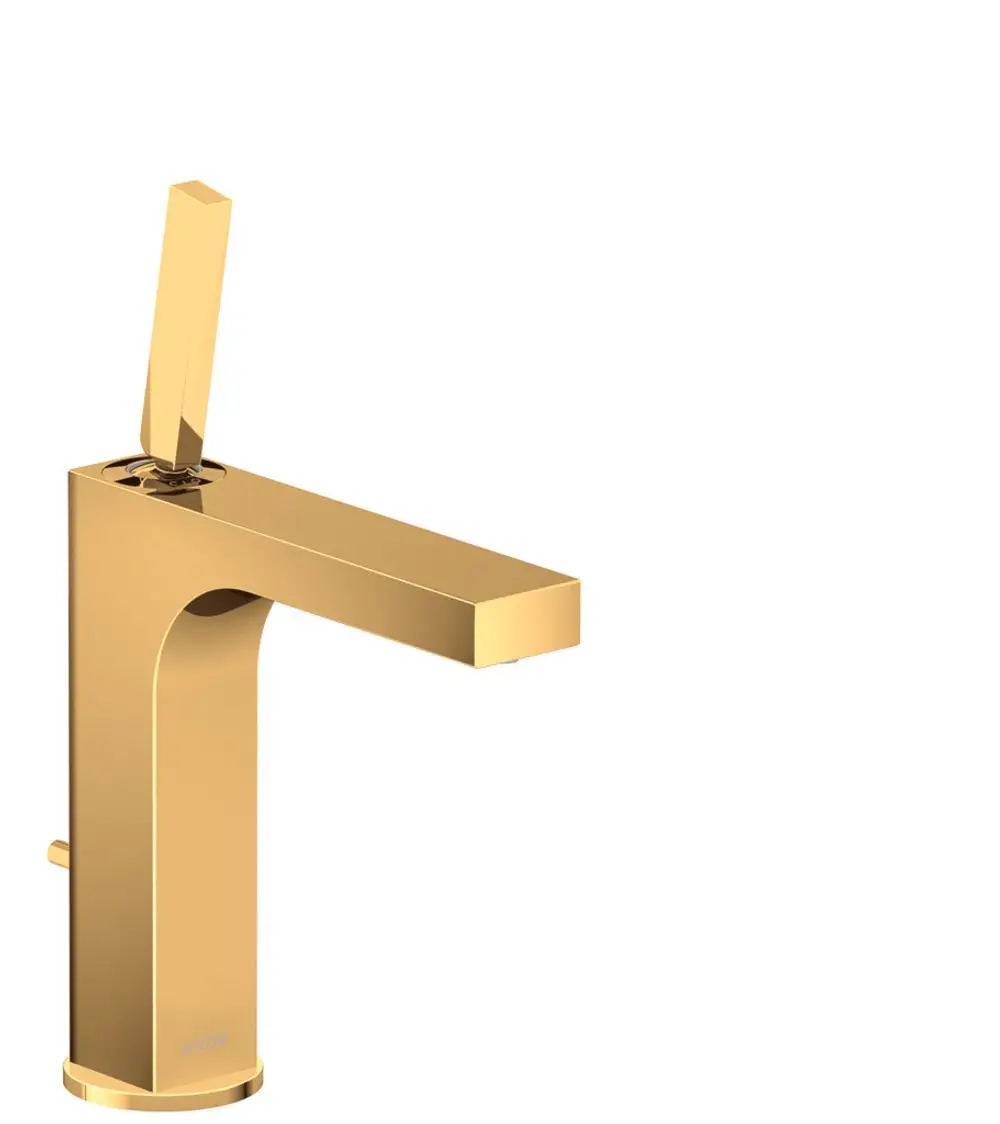 Einhebel-Waschtischmischer in elegantem Gold mit einem quadratischen Griff und integriertem Ablaufmechanismus, hergestellt von AXOR.